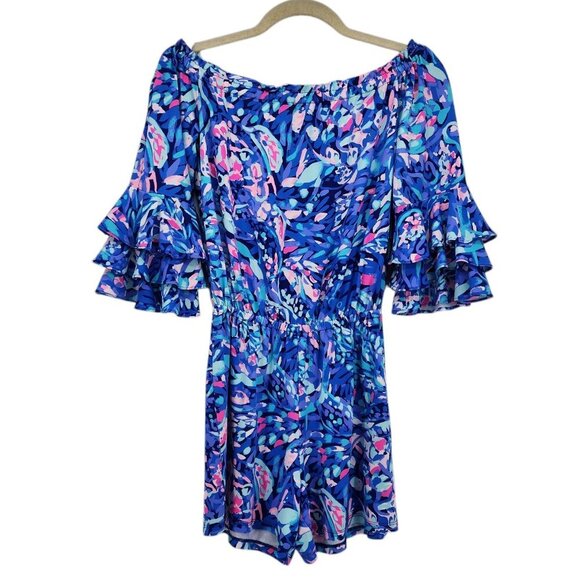 Lilly Pulitzer Womens XXS Calla Romper Royal Purple Party Wave Off The Shoulder - Picture 1 of 11